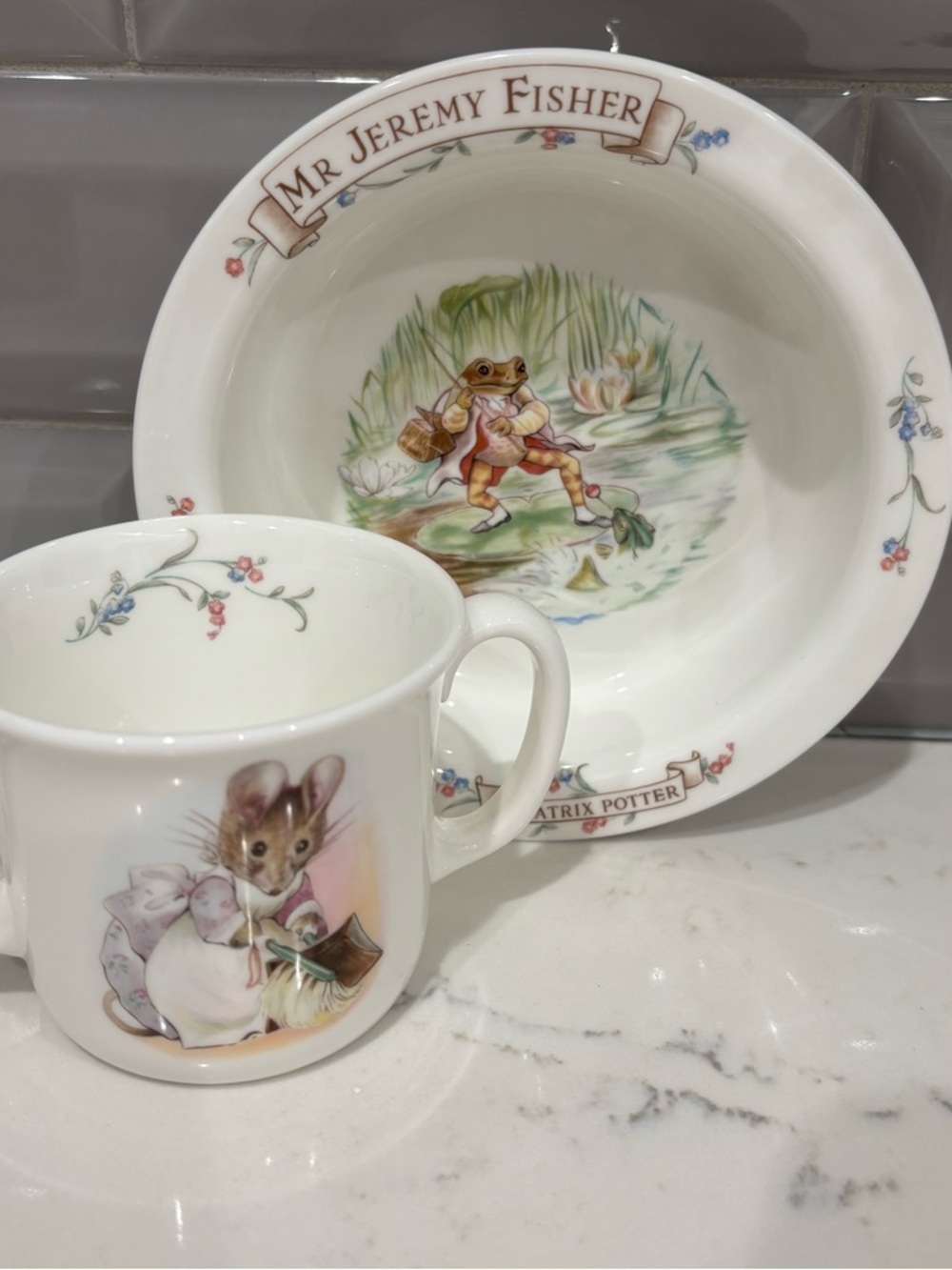 Beatrix Potter Vintage Hunca Munca Cup/Jeremy Fisher Bowl Royal Albert England